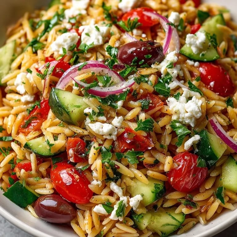 Close-up of freshly made Greek Style Warm Orzo Salad, showcasing the lemon dressing.