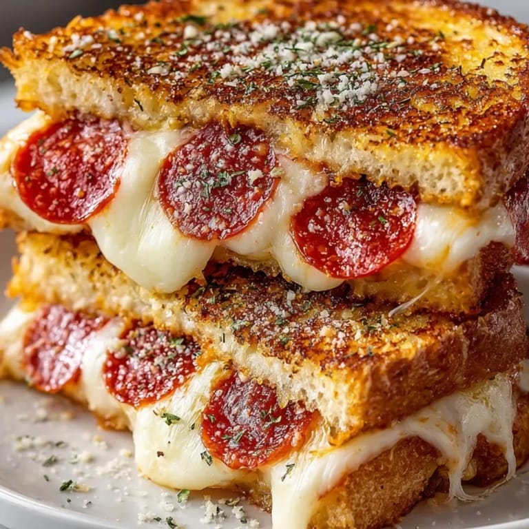 Buttery, toasted Pepperoni Pizza Grilled Cheese: a warm, comforting sandwich oozing with cheesy goodness.