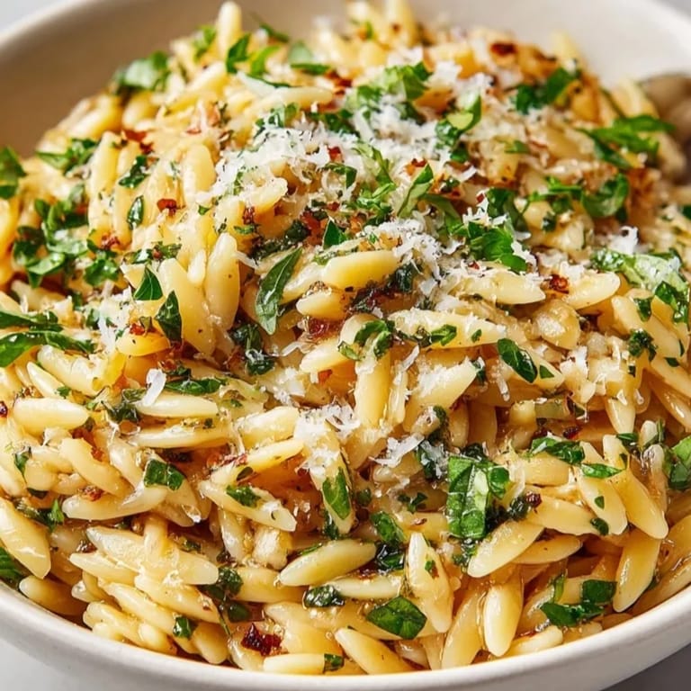 Close-up of steamy Herb-Roasted Garlic Orzo, showcasing the glistening, simple, delicious side.