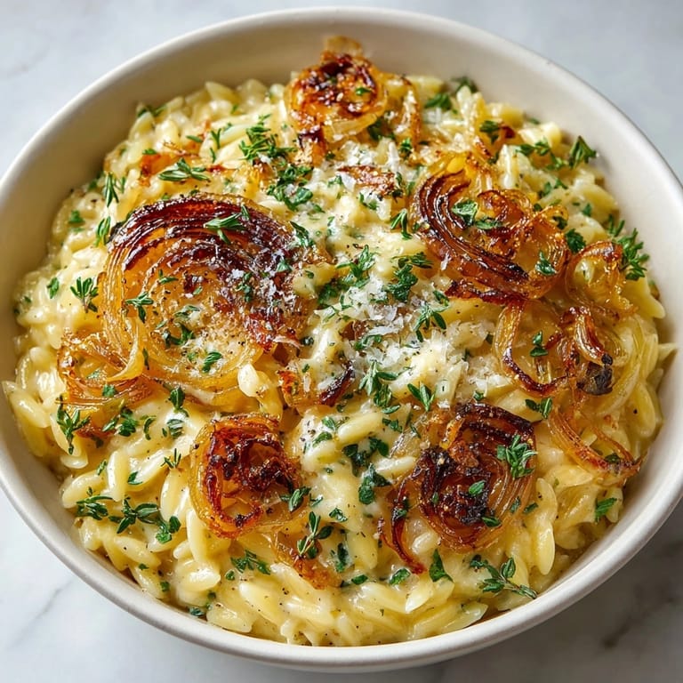 A bowl of cheesy, savory Caramelized Onion Orzo, perfect for a vegetarian weeknight dinner.