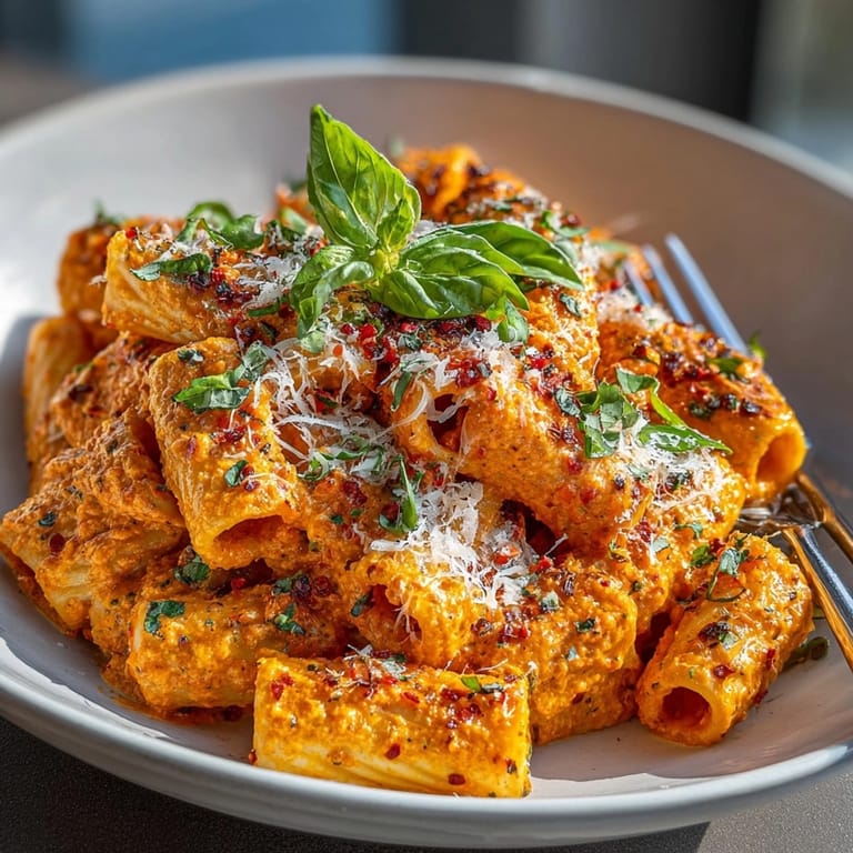 Homemade Spicy Vodka Rigatoni: Easy weeknight dinner, topped with fresh basil and cheese.