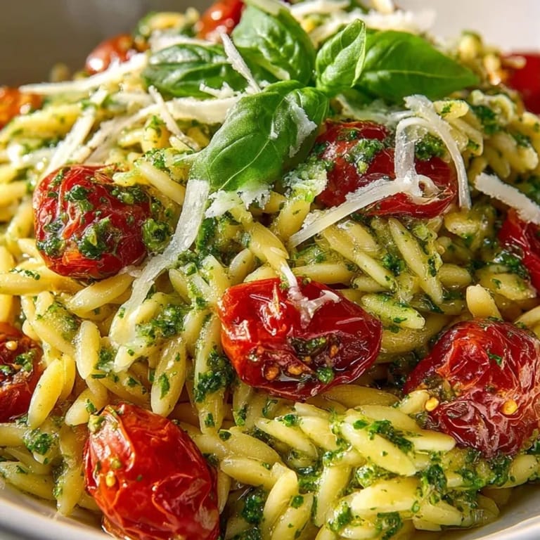 Roasted cherry tomatoes and creamy Pesto Orzo ready for a light summer dinner.