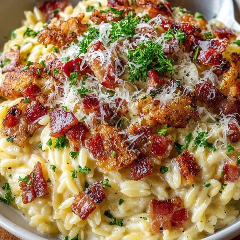 A steaming plate of Orzo Carbonara Style, ready to eat with parsley garnish.