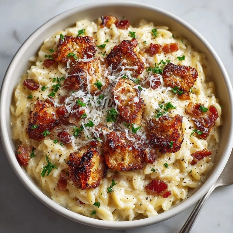 Rich Orzo Carbonara Style: creamy orzo pasta with salty pancetta, perfect easy dinner.