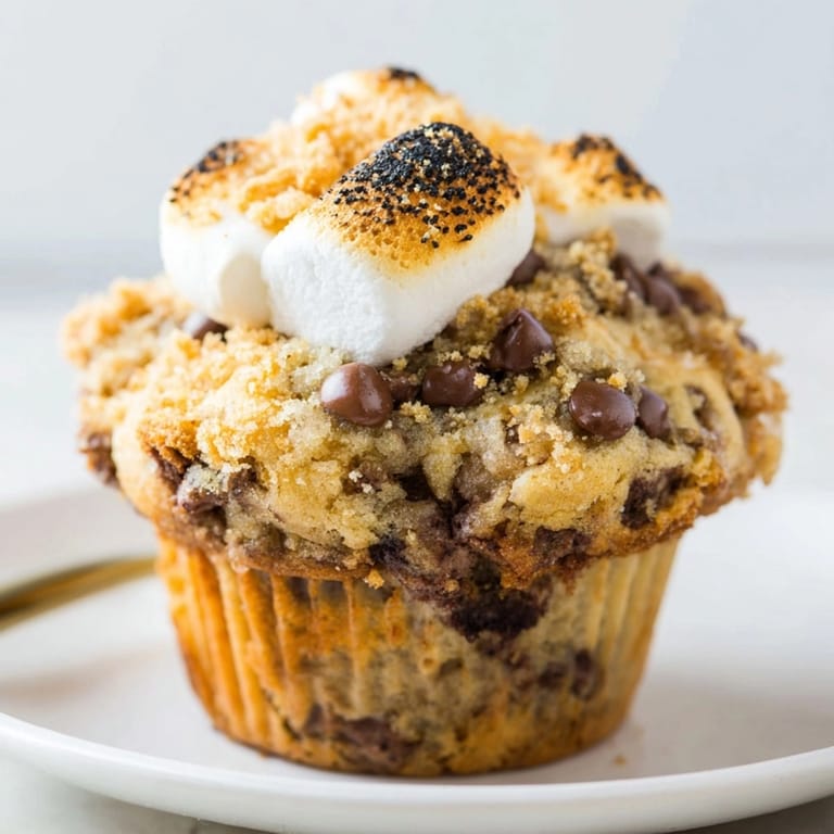 Warm, gooey S&amp;#x2019;mores Chocolate Chip Muffins on a wire rack, ready for a campfire treat.
