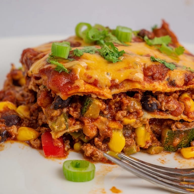 Vegetable Beef Enchilada Bake: A melty, savory casserole fresh from the oven, ready to serve.