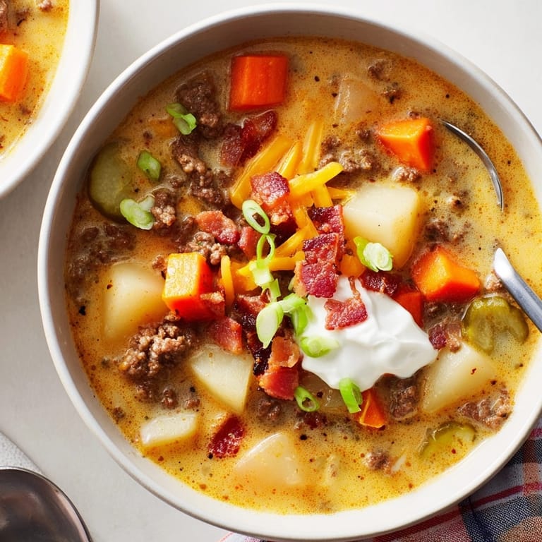 Close-up of delicious Loaded Cheeseburger Soup, garnished with cheddar, dill pickles and sour cream.