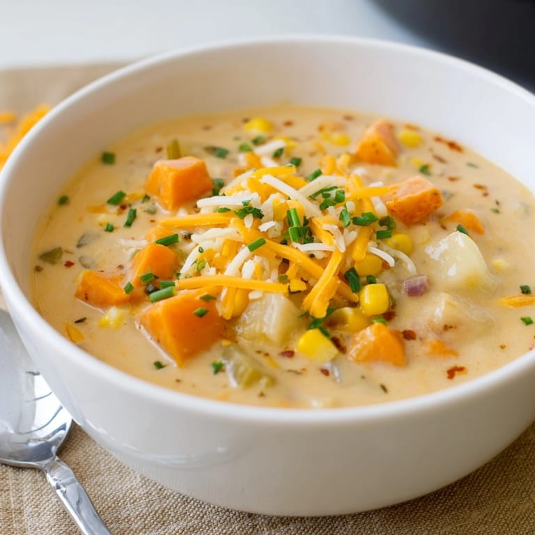 Delicious homemade Sweet Potato Corn Chowder, ready to serve in a rustic bowl.