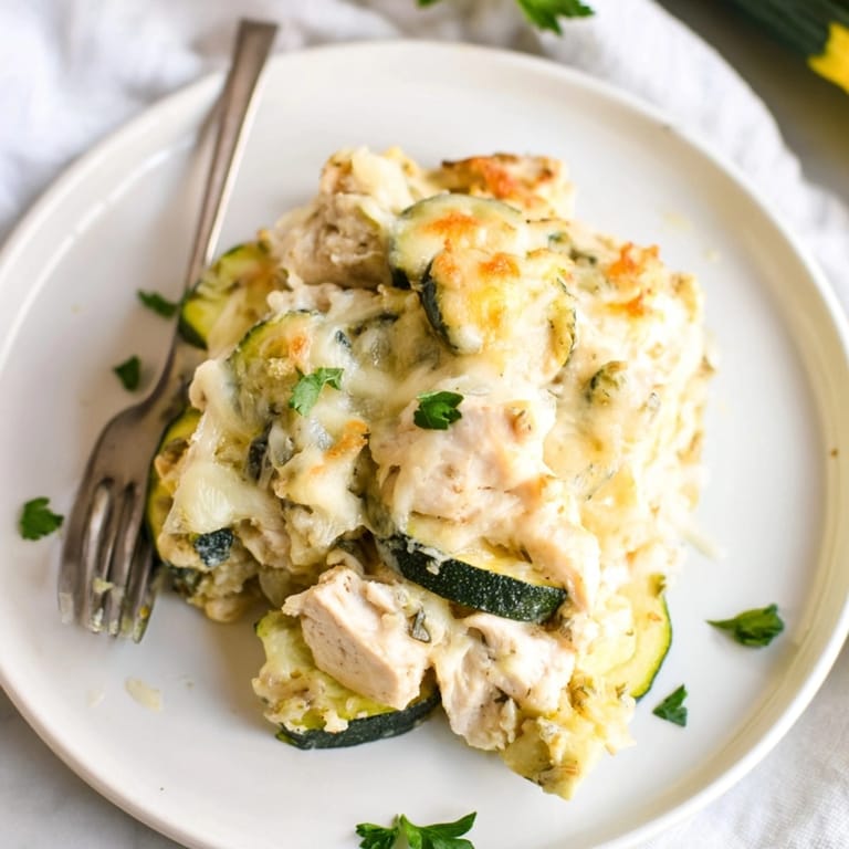 Baked Alfredo Chicken Zucchini Casserole, ready-to-eat, showcasing golden-brown cheese and parsley garnish.