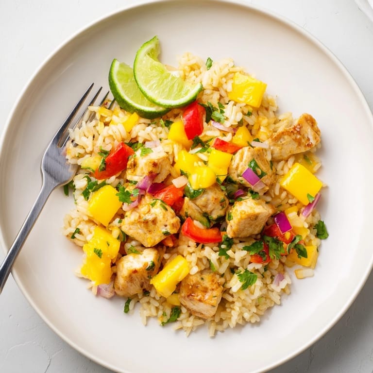 Savory Mango Cilantro Chicken Rice, garnished with cilantro, ready to enjoy for dinner.