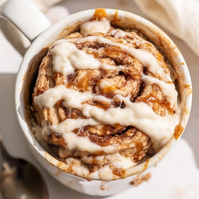 Scrumptious Protein Cinnamon Roll Mug Cake, swirled with cinnamon and perfect for a healthy snack.