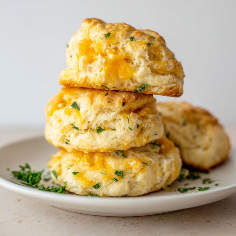 Close-up showcasing soft, cheesy Cheesy Garlic Biscuits with Ricotta, garnished with herbs, inviting a bite.