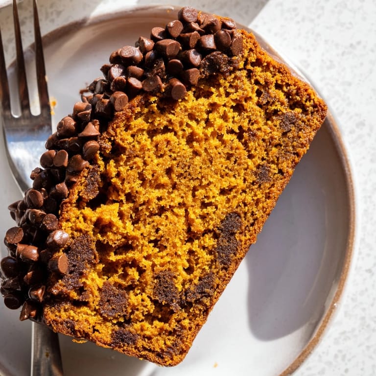 Warm, spiced Protein Pumpkin Chocolate Chip Loaf cooling on a wire rack after baking.