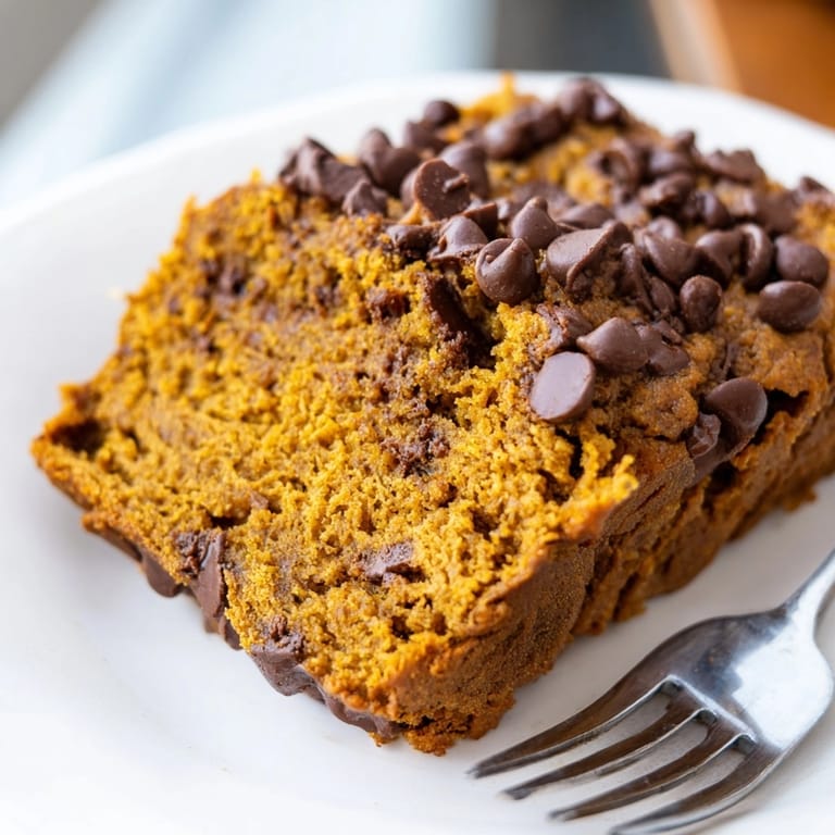 Freshly baked Protein Pumpkin Chocolate Chip Loaf, sliced, revealing a moist, tender crumb.