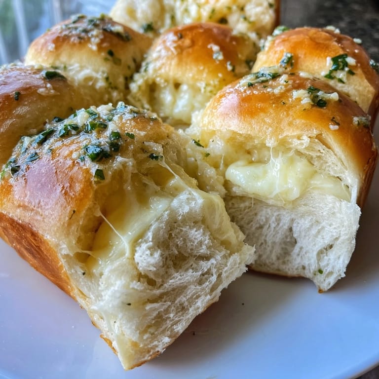 Close-up of warm, cheesy Garlic Butter Stuffed Hawaiian Rolls, brushed with savory parsley butter.
