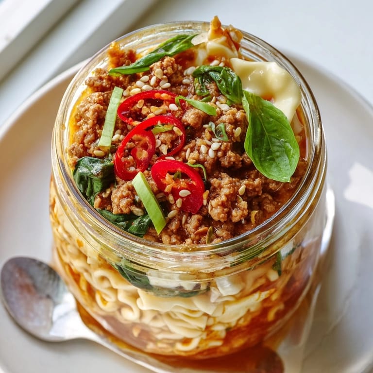 Comforting Spicy Ramen Lasagne Soup Jars with sesame seeds, ready to eat.