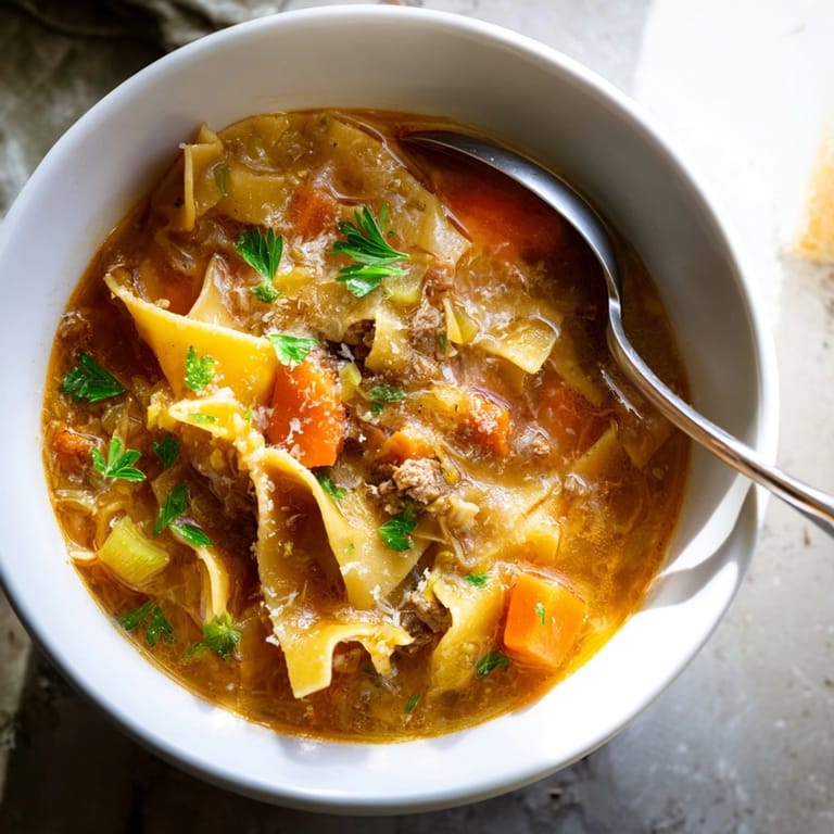 Close-up bowl of Lasagne Soup, savory ground beef, rich tomato broth.