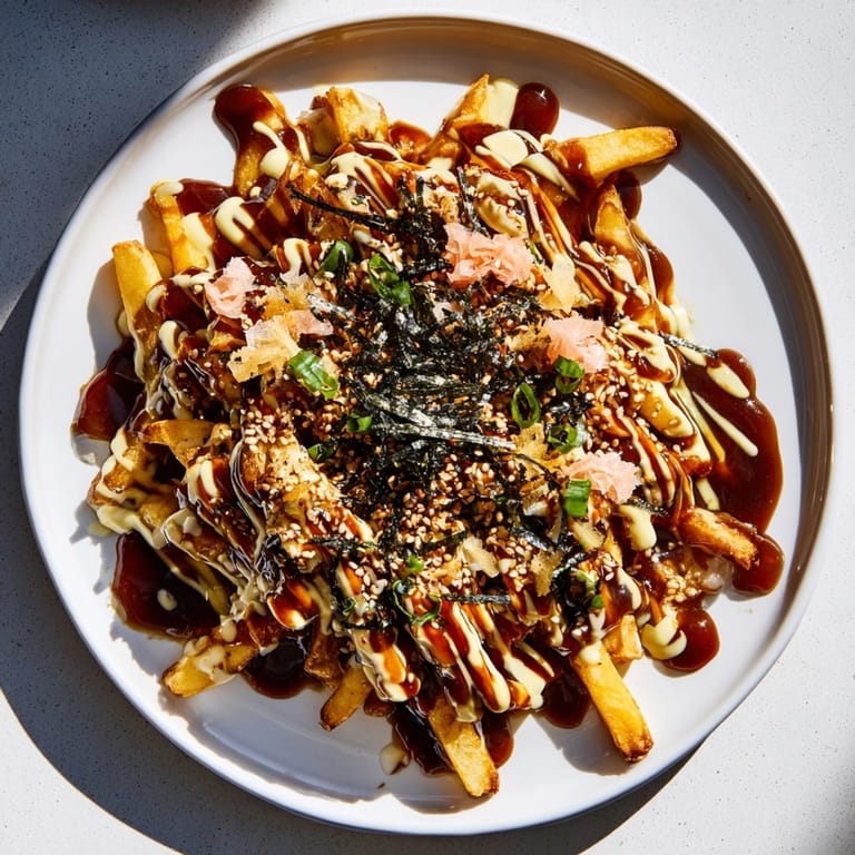 Imagine hot, crispy Japanese Okonomiyaki Fries drizzled with rich sauce and umami flakes.