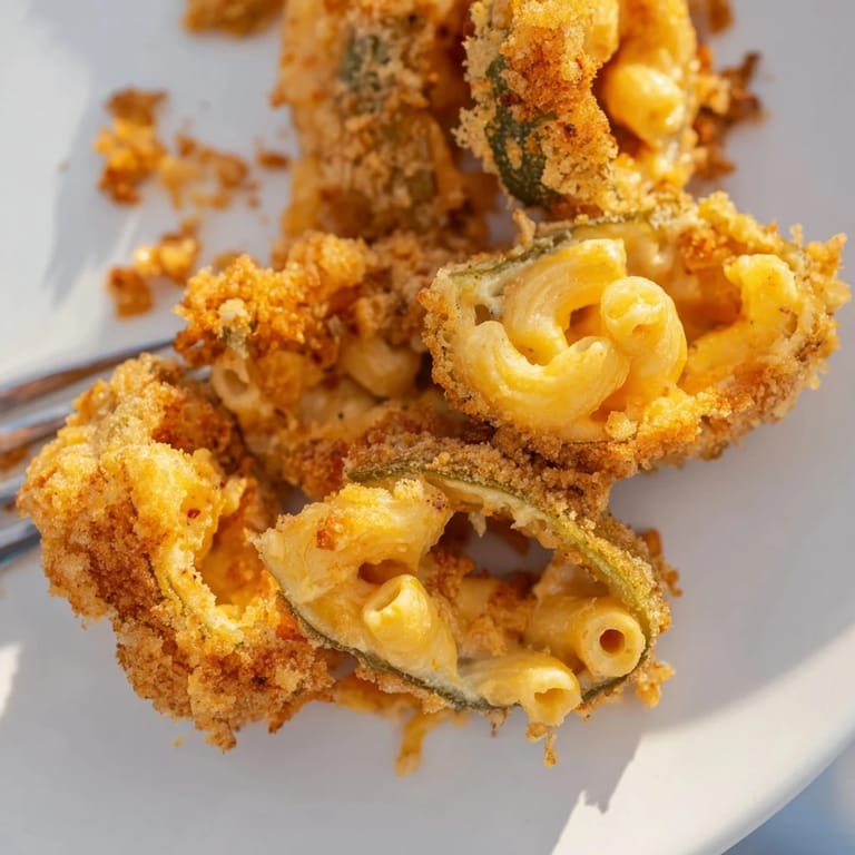 Golden Mac and Cheese Fried Pickle Rings bursting with cheesy flavor, ideal for parties.