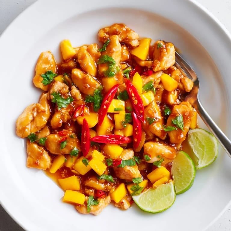 Vibrant Mango Chili Garlic Chicken Skillet garnished with red chili for an extra kick.  