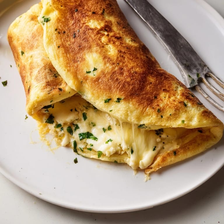 Golden Cheesy Garlic Tortilla Omelette, perfect for a hearty brunch or quick breakfast.  