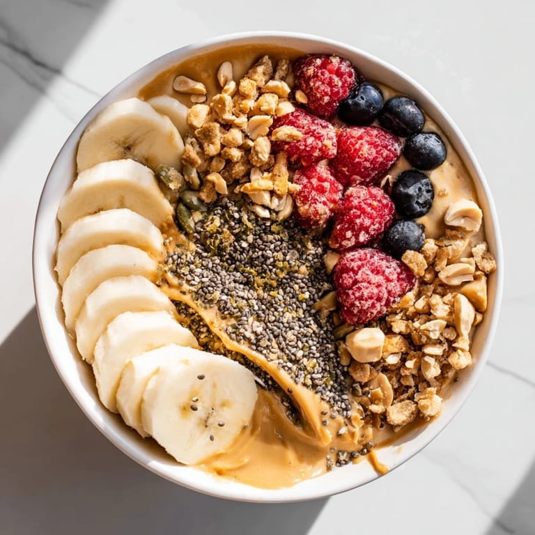 Delicious Protein Peanut Butter Breakfast Bowl drizzled with honey and crunchy granola.  