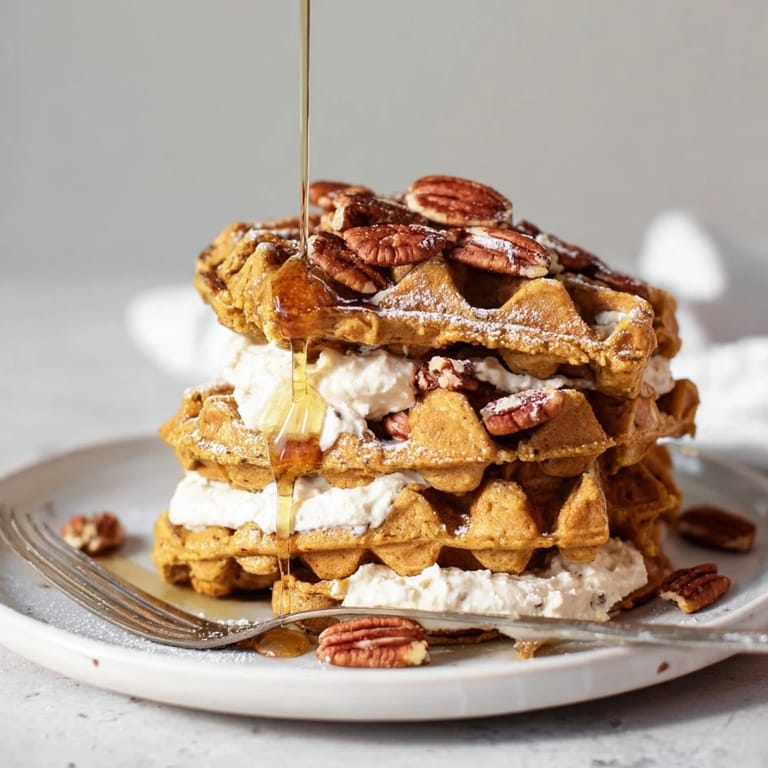 Indulgent Ricotta Pumpkin Waffle Stacks topped with toasted nuts and sweet maple syrup.