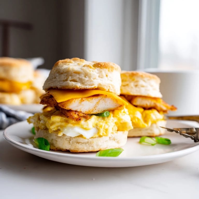 Golden-brown biscuits layered with spicy Cajun chicken and creamy scrambled eggs.