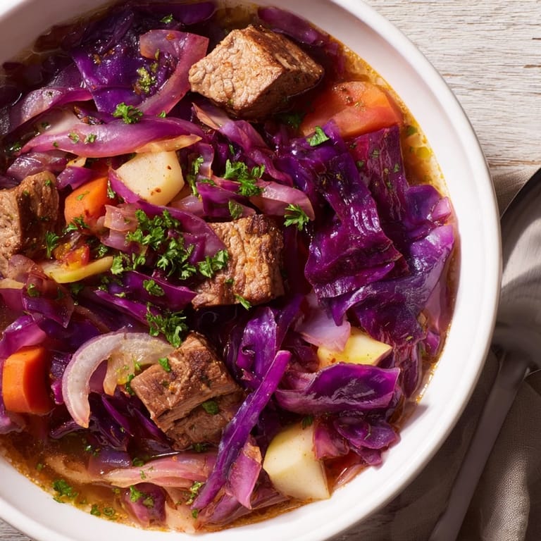 Tender pieces of pork in a vibrant Spiced Red Cabbage & Pork Stew with warming spices.  
