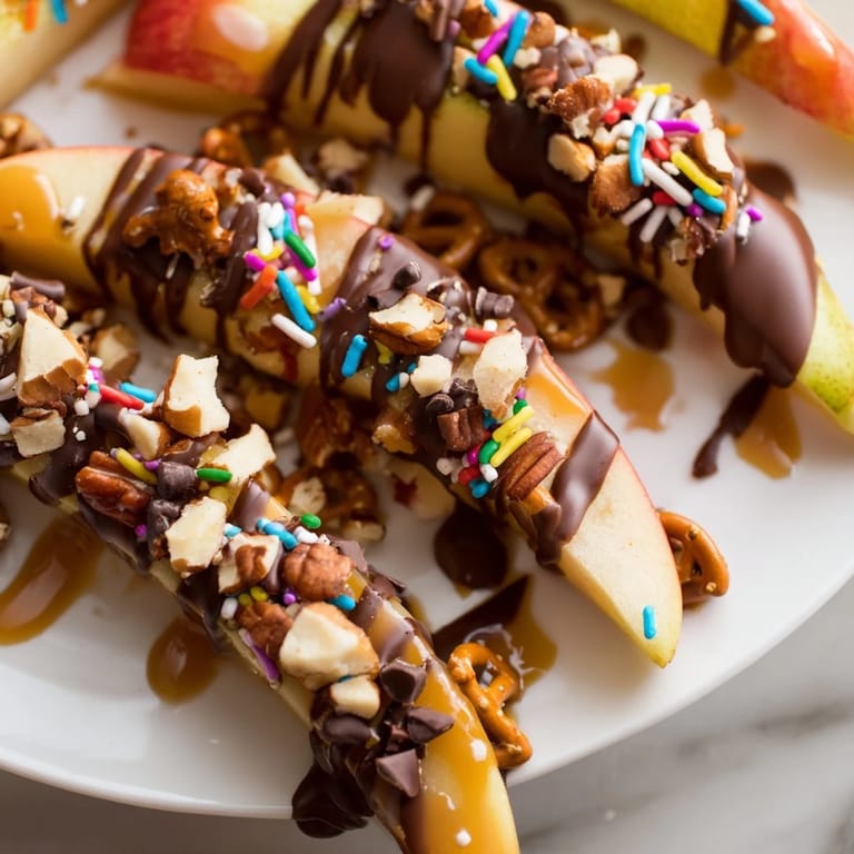 A delightful caramel apple charcuterie board with salty pretzels and dips.  