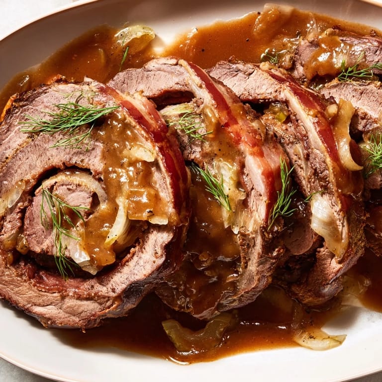 Delicious Hearty Beef Rouladen drizzled with rich gravy, perfect for comfort food lovers.
