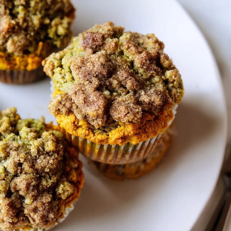 Golden-brown matcha pumpkin muffins with crunchy streusel, ideal for a cozy snack.