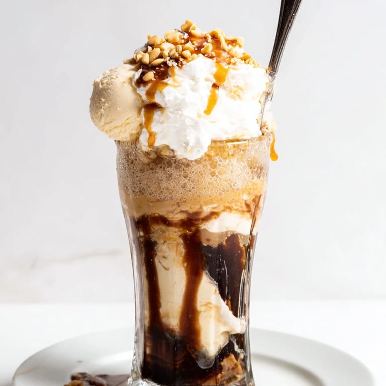 Rich and frosty Peanut Butter Bourbon Soda Float drizzled with chocolate for extra sweetness.