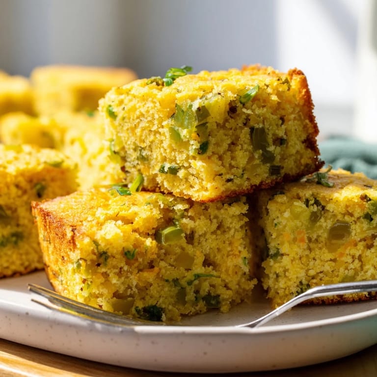 Sliced Southern Pickle Jalapeño Cornbread topped with honey butter, ideal for cozy gatherings.