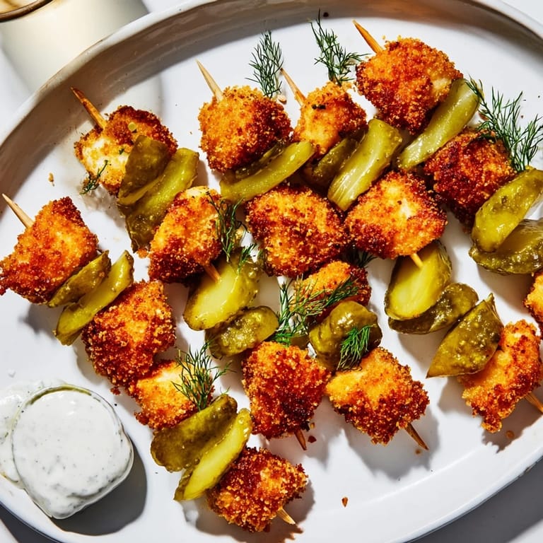 Delicious Pickle Popcorn Chicken Skewers drizzled with honey mustard for flavorful bites.  
