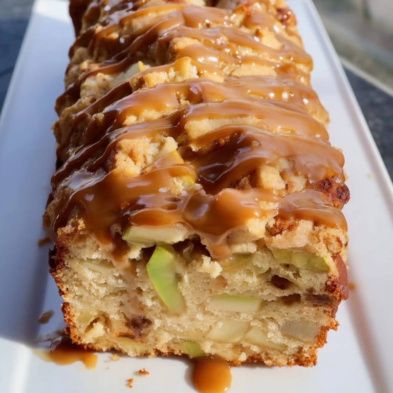 Golden apple chunks and cinnamon swirls create a delightful salted caramel loaf.  