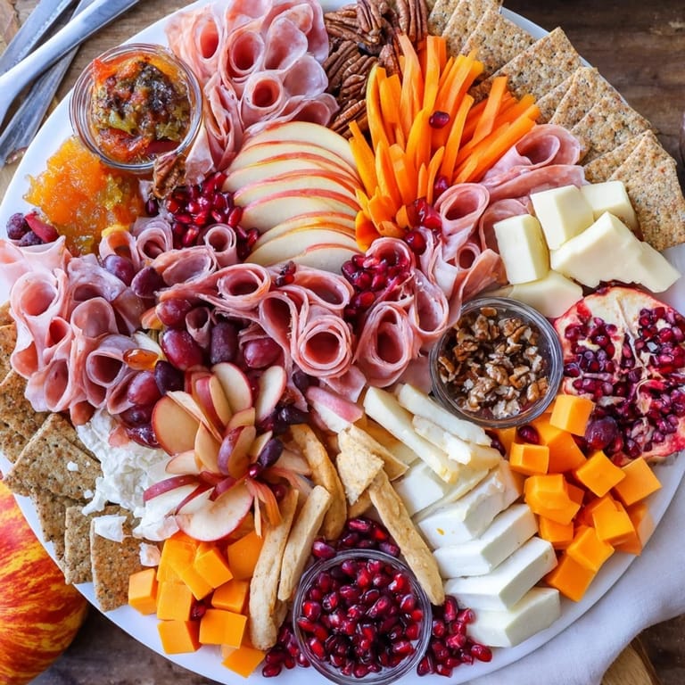 Artfully arranged autumn “Chaos” charcuterie board showcasing colorful garnishes and festive flavors.  