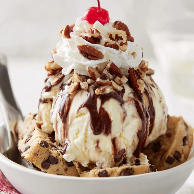 Layers of vanilla ice cream and chewy cookie dough bars create a Cookie Dough Chaos Sundae.  