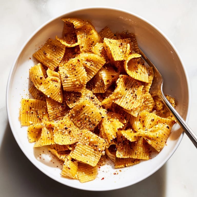 Golden pasta chips drizzled with olive oil and aromatic herbs for tasty snacking.