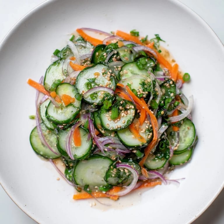 Bright and crunchy cucumber salad remix featuring red onion and a savory dressing.