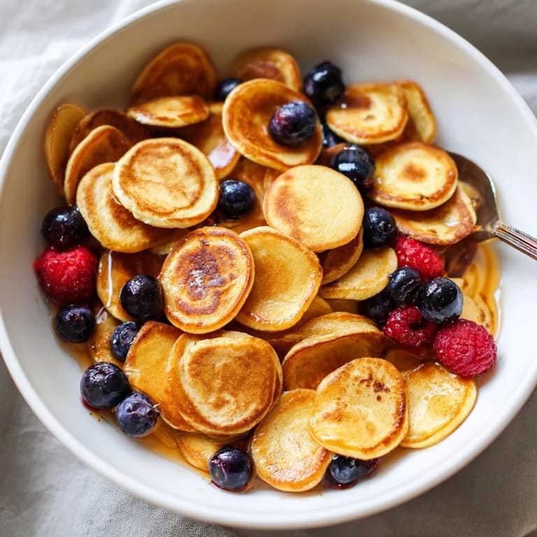Golden Mini Pancake Cereal served in a bowl with creamy milk and fruit slices.  