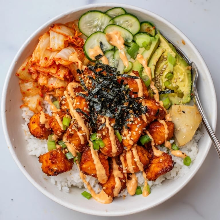 Flavorful crispy salmon rice bowl served with tangy kimchi and zesty mayo drizzle.