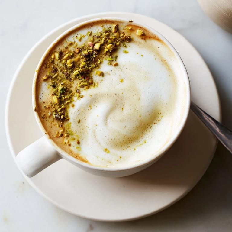 Homemade pistachio milk latte served in a warm cup, perfect for cozy afternoons.  