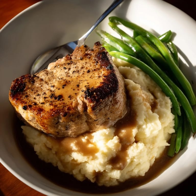 Comforting pork chops and cheddar mash bowl with crisp green beans on the side.