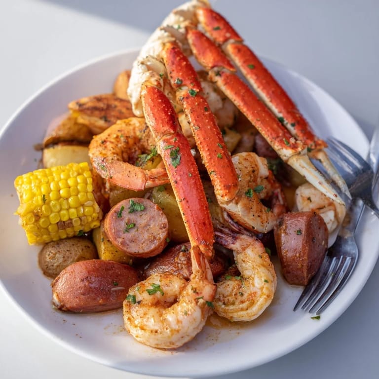 Flavorful seafood boil featuring juicy crab, tender shrimp, and spicy sausage delights.  