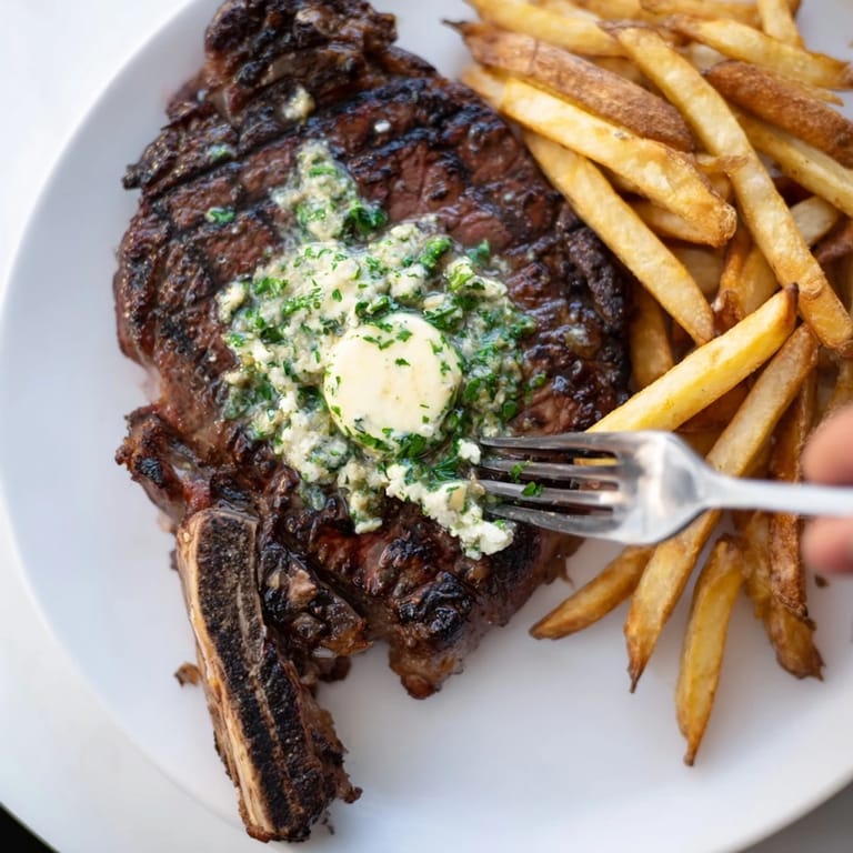 Mouthwatering steakhouse garlic butter steak, perfectly seared, with golden, crunchy fries.  