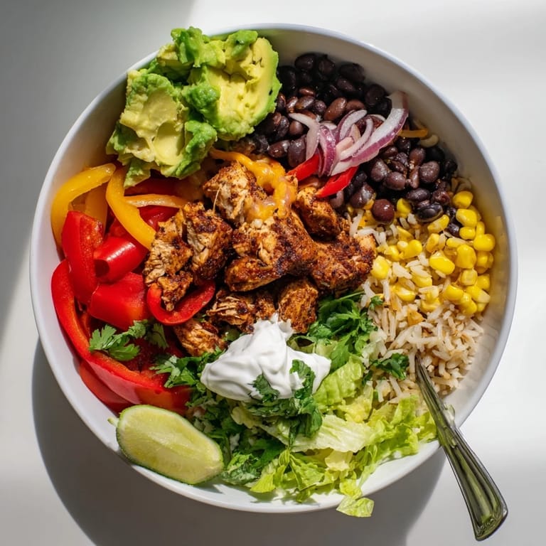 Savory Sheet Pan Chicken Burrito Bowls bursting with spiced chicken and roasted bell peppers.  