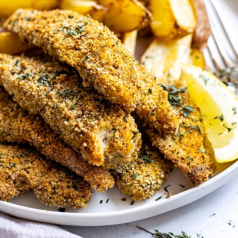 Crispy herbed chicken tenders served alongside golden potato wedges and lemon wedges.