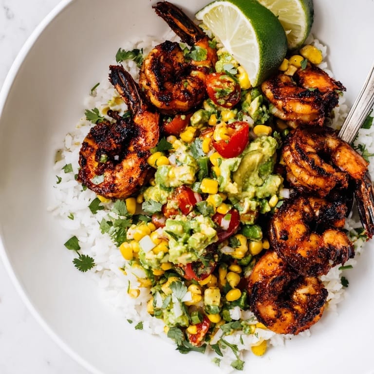 Spicy blackened shrimp bowl featuring zesty corn salsa and hearty rice base.