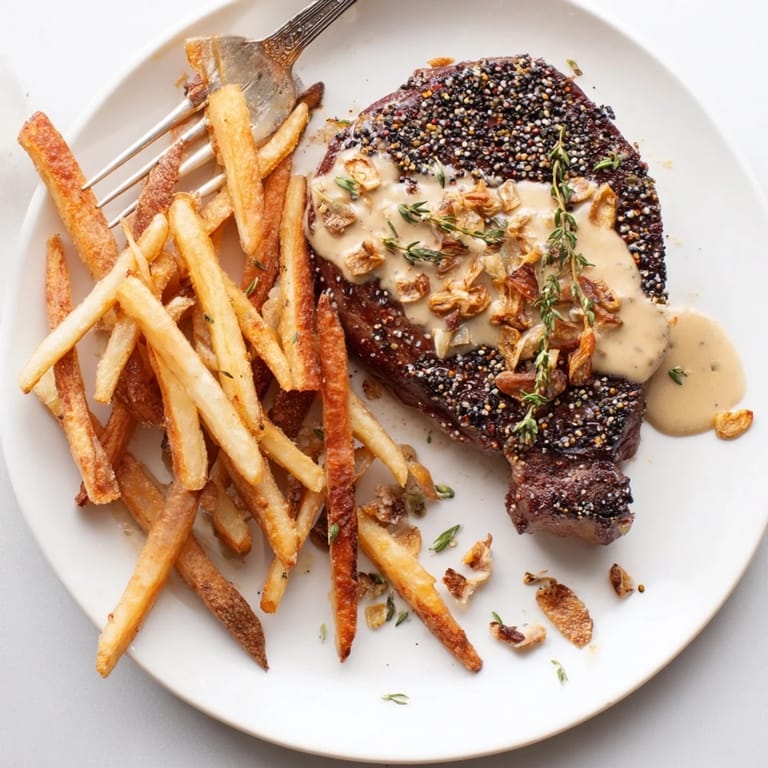 Indulgent Classic Peppercorn Ribeye seared to perfection, alongside crispy fries for a feast.